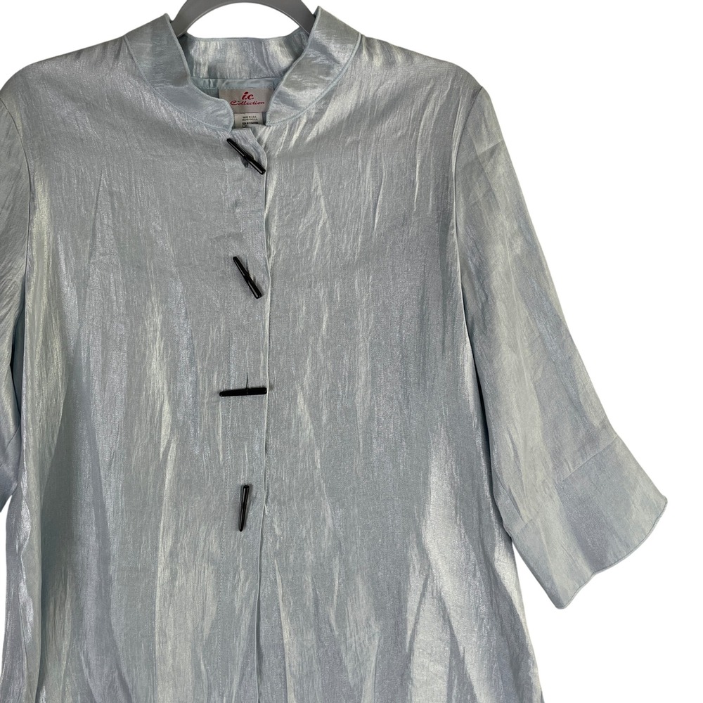 IC Collection Jacket Coat M Medium Blue Iridescent 3/4 Sleeve Toggle Asymmetric